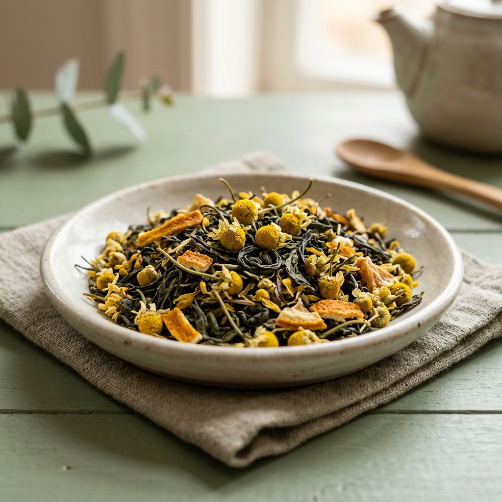 Hebras de té verde premium con manzanilla y cáscaras cítricas