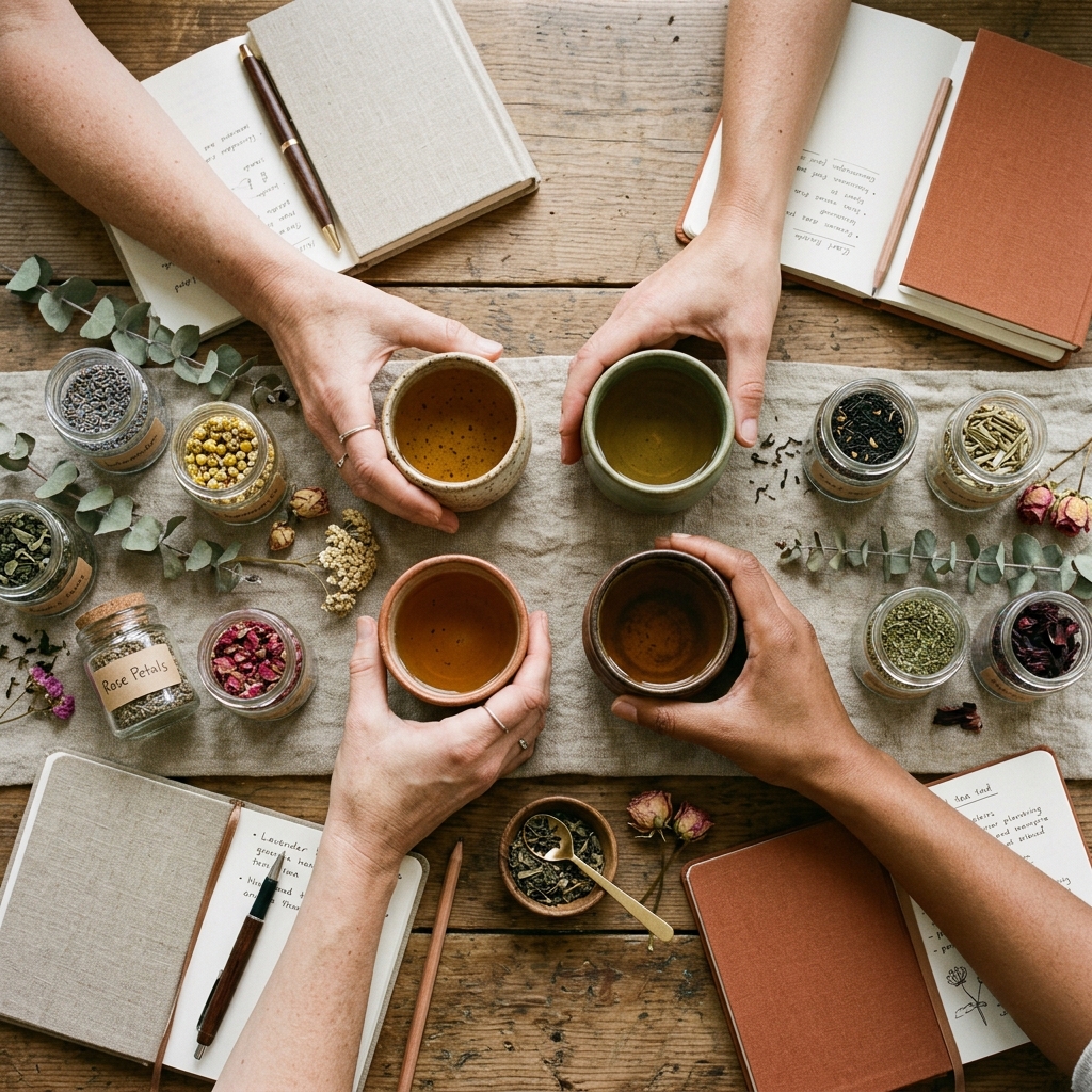 Participantes en un taller de té, rodeados de flores secas, frascos con hebras e infusiones